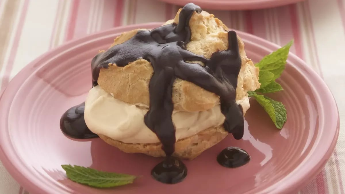 Caramel Cream Puffs with Chocolate-Peanut Butter Sauce