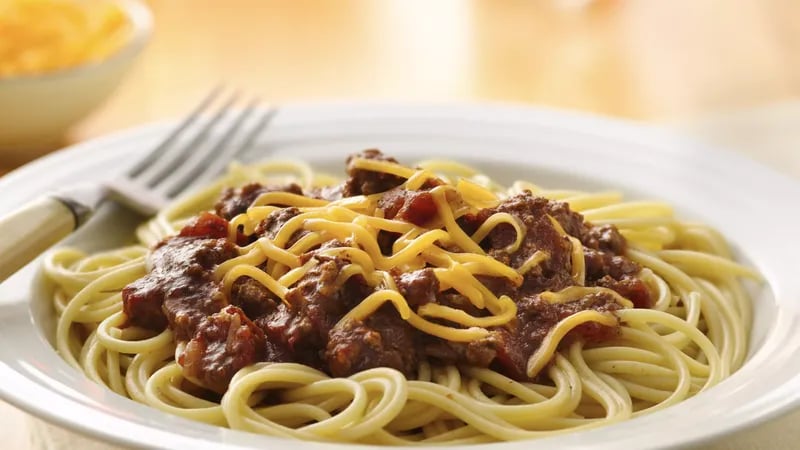 Slow-Cooker Chili Over Spaghetti