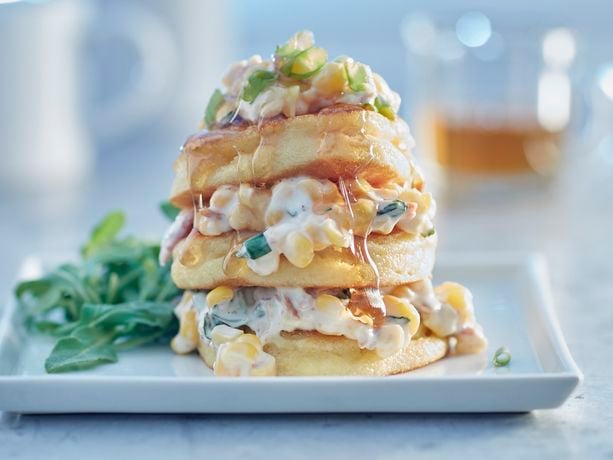 Johnny Cakes with Bacon, Corn and Maple Drizzle