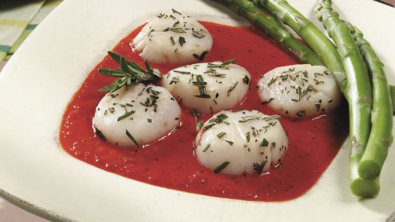 Rosemary Grilled Scallops with Roasted Red Pepper Sauce