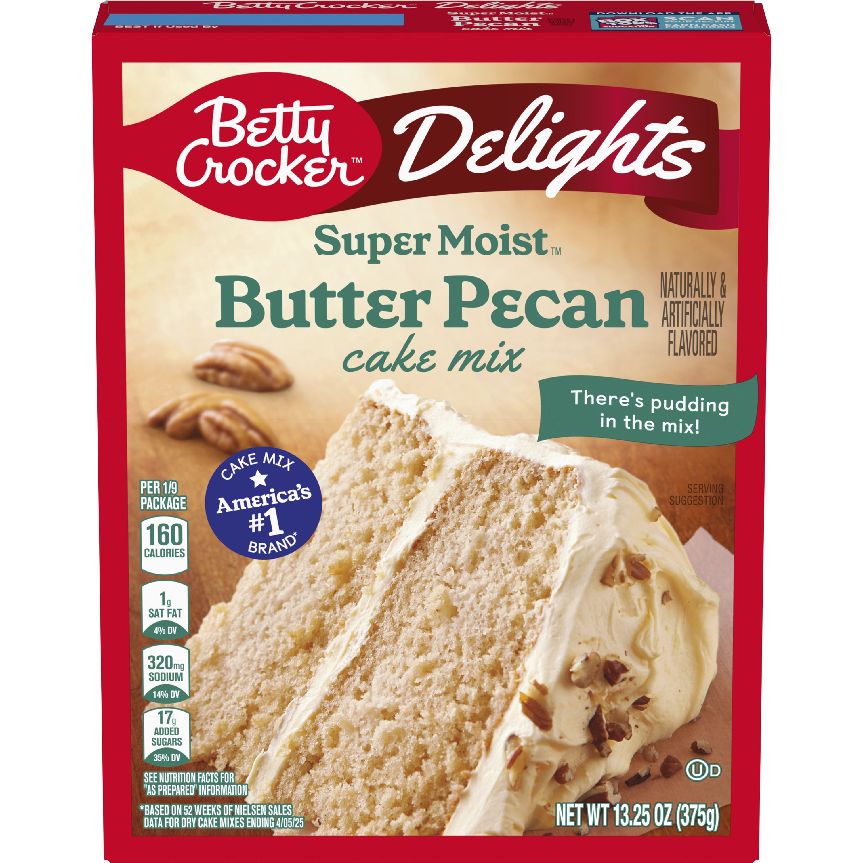 Betty Crocker Delights Super Moist Butter Pecan Cake Mix, Holiday Baking, 13.25 oz - Front
