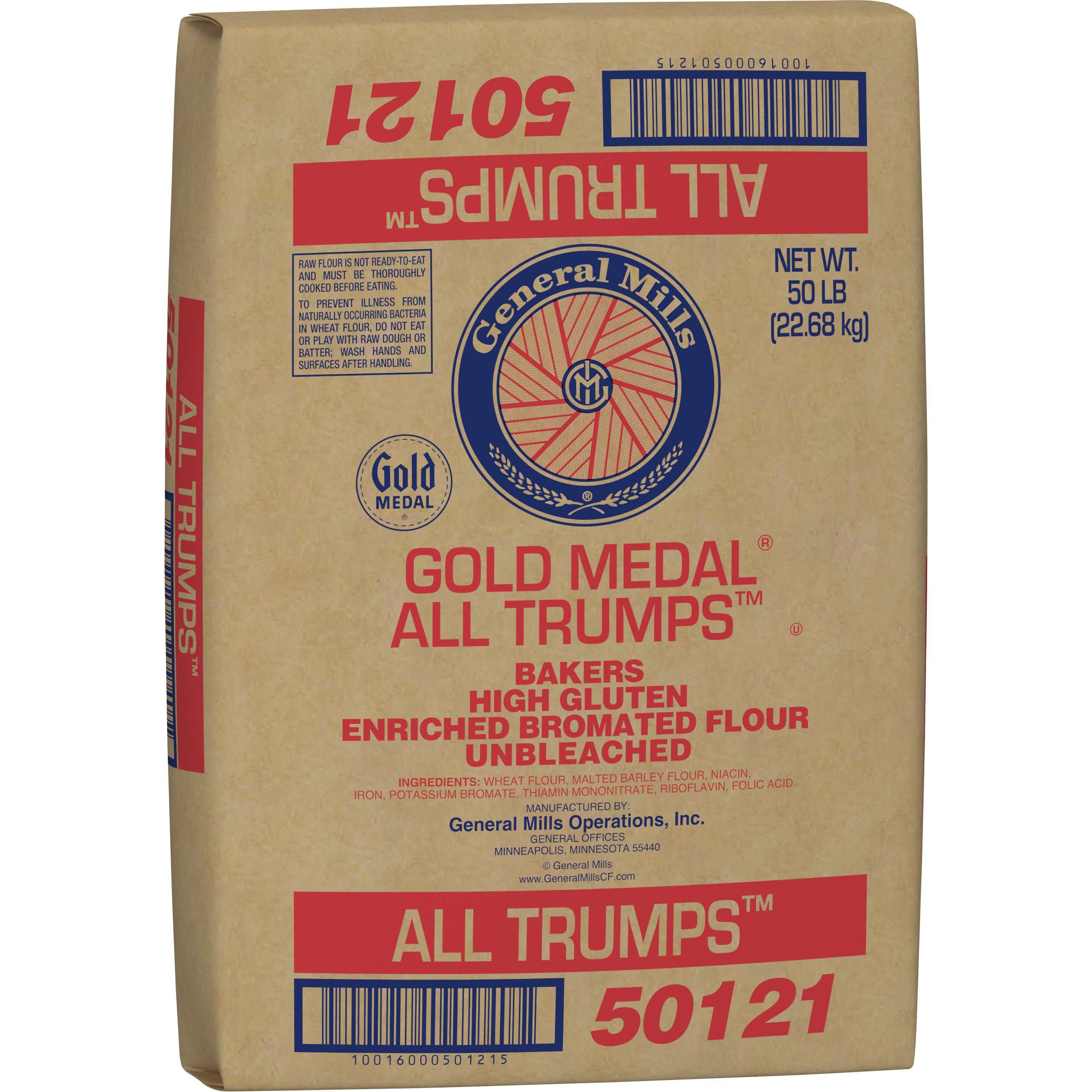 Case - Left Front 3D Gold Medal All Trumps Bakers High Gluten Flour Bulk Sack Bromated Enriched Unbleached 50 LB