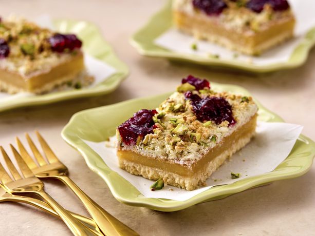 Lingonberry and Pistachio Streusel Lemon Bars