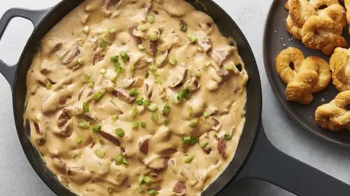 Beer Cheese Brat Dip with Pretzel Bites