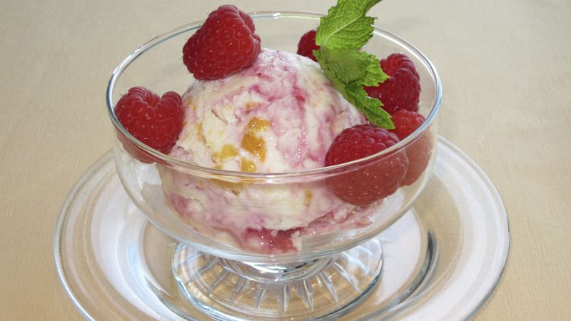 Lactose Free Peach Frozen Yogurt with Raspberry Swirl