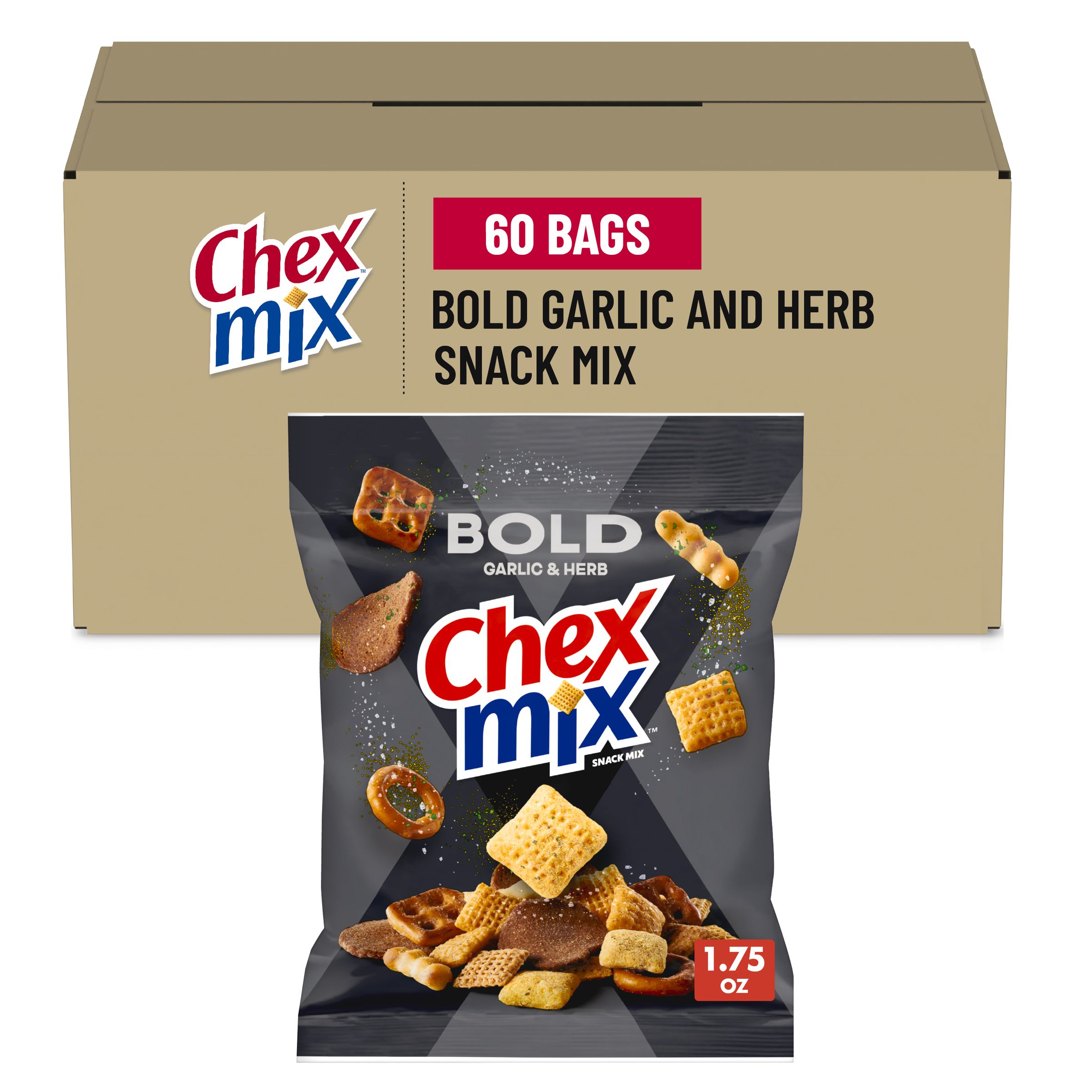  Case Optimized Hero Chex Mix Snack Mix Single Serve Pouch Bold Garlic & Herb 60/1.75 OZ