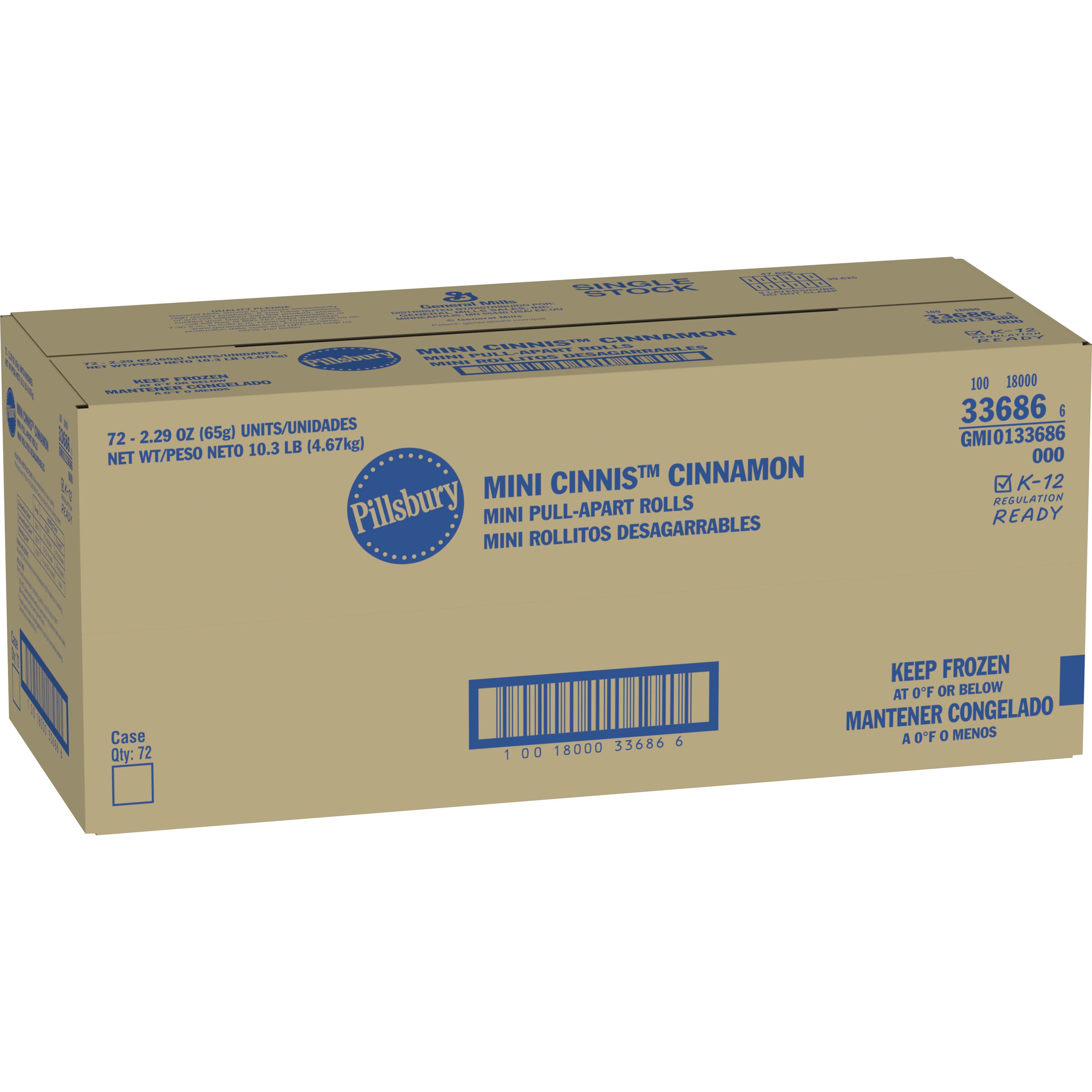 Case - Left Front 3D Pillsbury Frozen Meals Mini Cinnis Single Serve Pouch Cinnamon 72/2.29 OZ