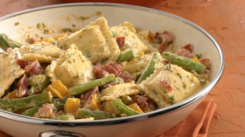 Ravioli and Vegetables with Pesto Cream Recipe - BettyCrocker.com