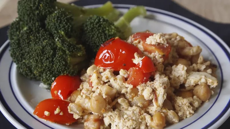 Scrambled Tofu with Garbanzos and Cherry Tomatoes