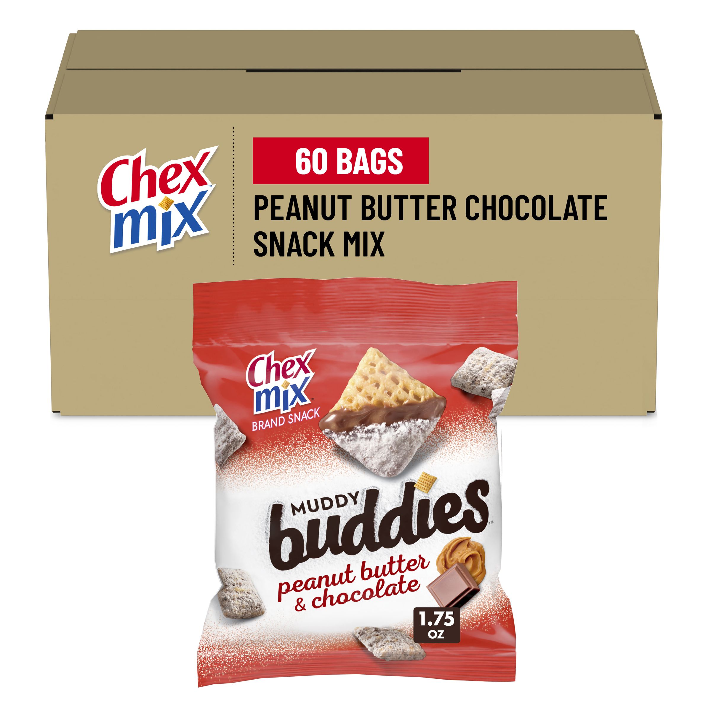  Case Optimized Hero Chex Mix Muddy Buddies Snack Mix Single Serve Pouch Peanut Butter & Chocolate 60/1.75 OZ