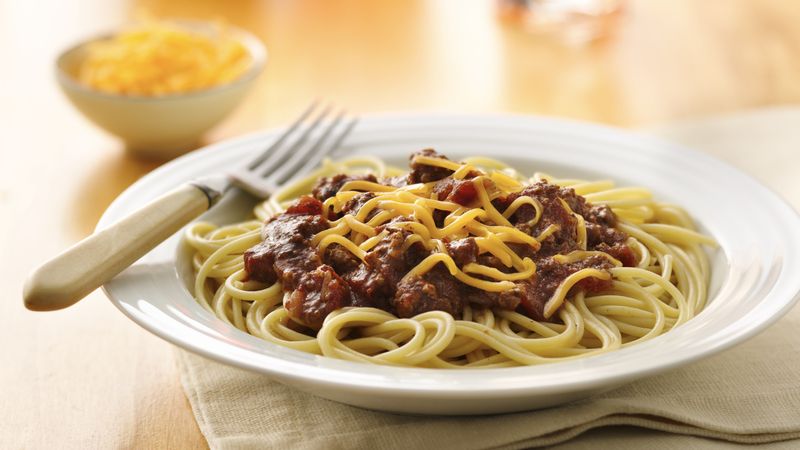 Slow-Cooker Chili Over Spaghetti