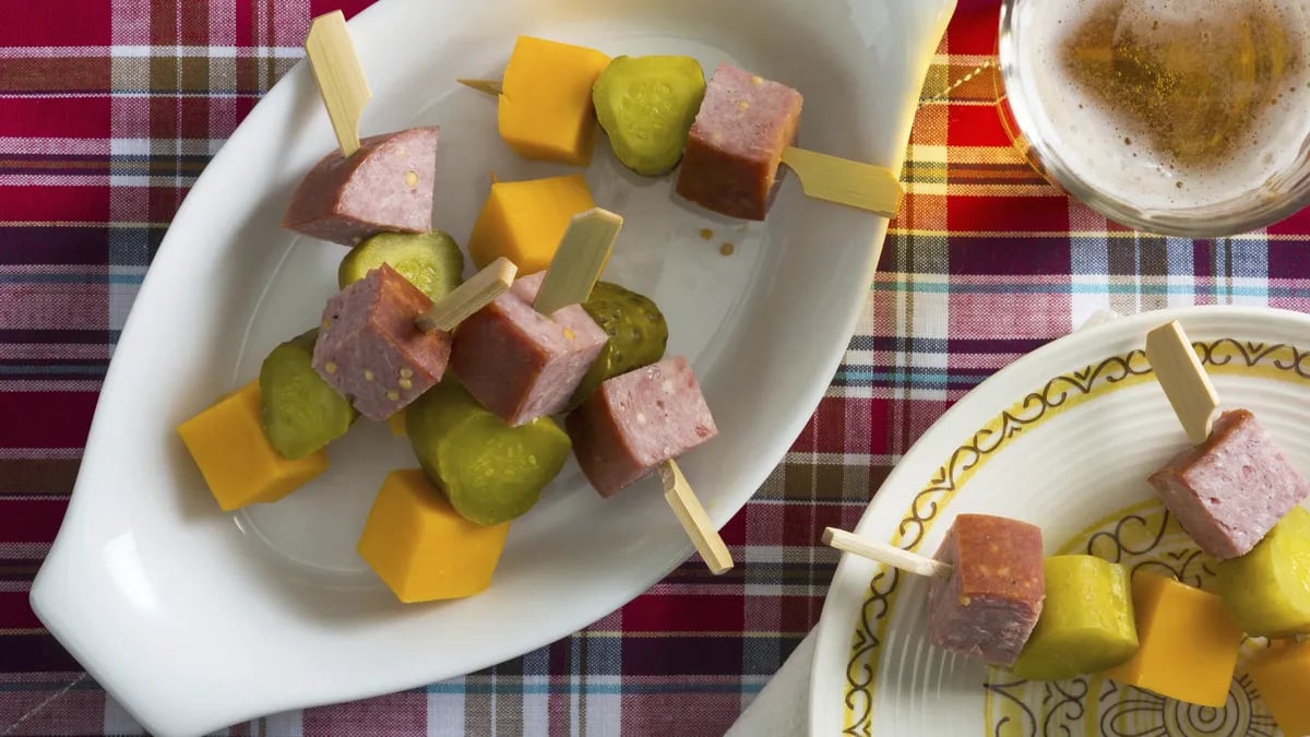 Salami, Cheese and Pickle Kabobs