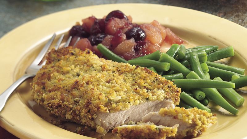 Oven-Fried Pork Chops with Cranberry Applesauce
