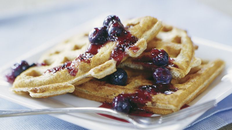 Skinny Hearty Waffles with Blueberry Sauce