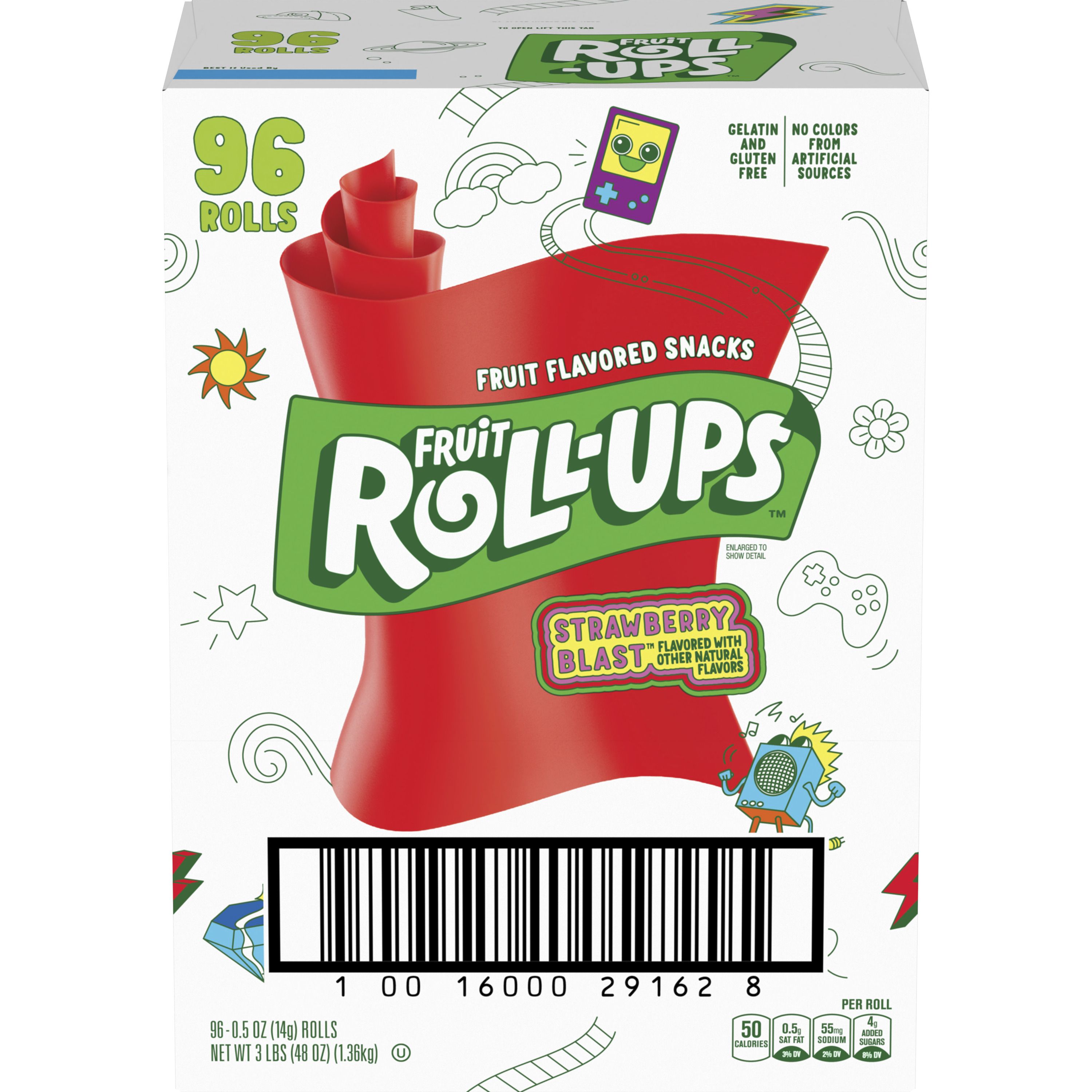 Front - 3D Fruit Roll-Ups Gluten Free Fruit Snacks Single Serve Pouch Reduced Sugar Strawberry Blast 96/0.5 OZ