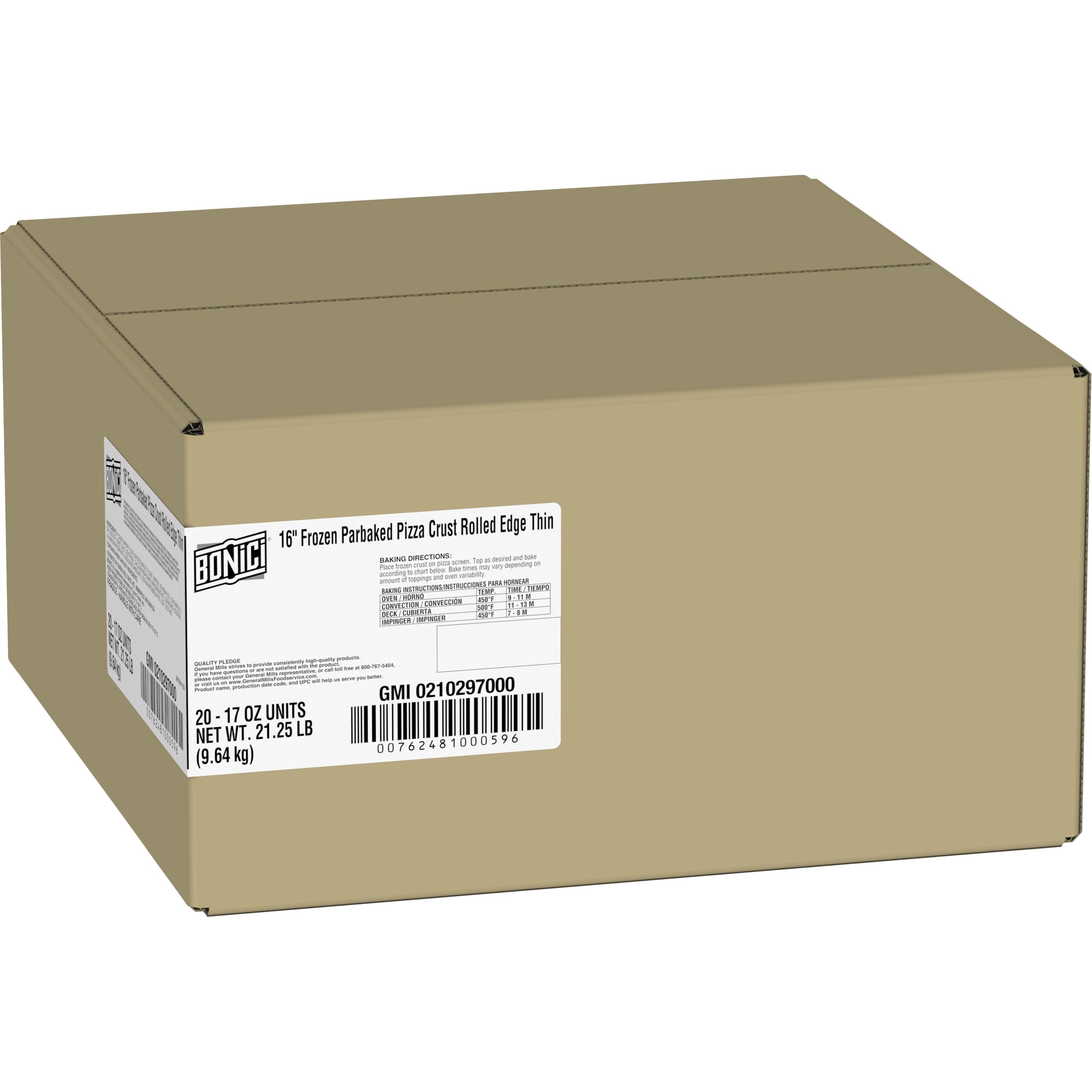 Case - Left Front 3D BONICI® Frozen Parbaked Pizza Crust Rolled Edge Thin 16 in 20/17 OZ