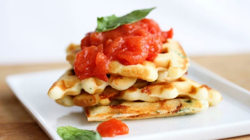Loaded Bacon, Cheddar and Basil Waffles with Tomato Jam