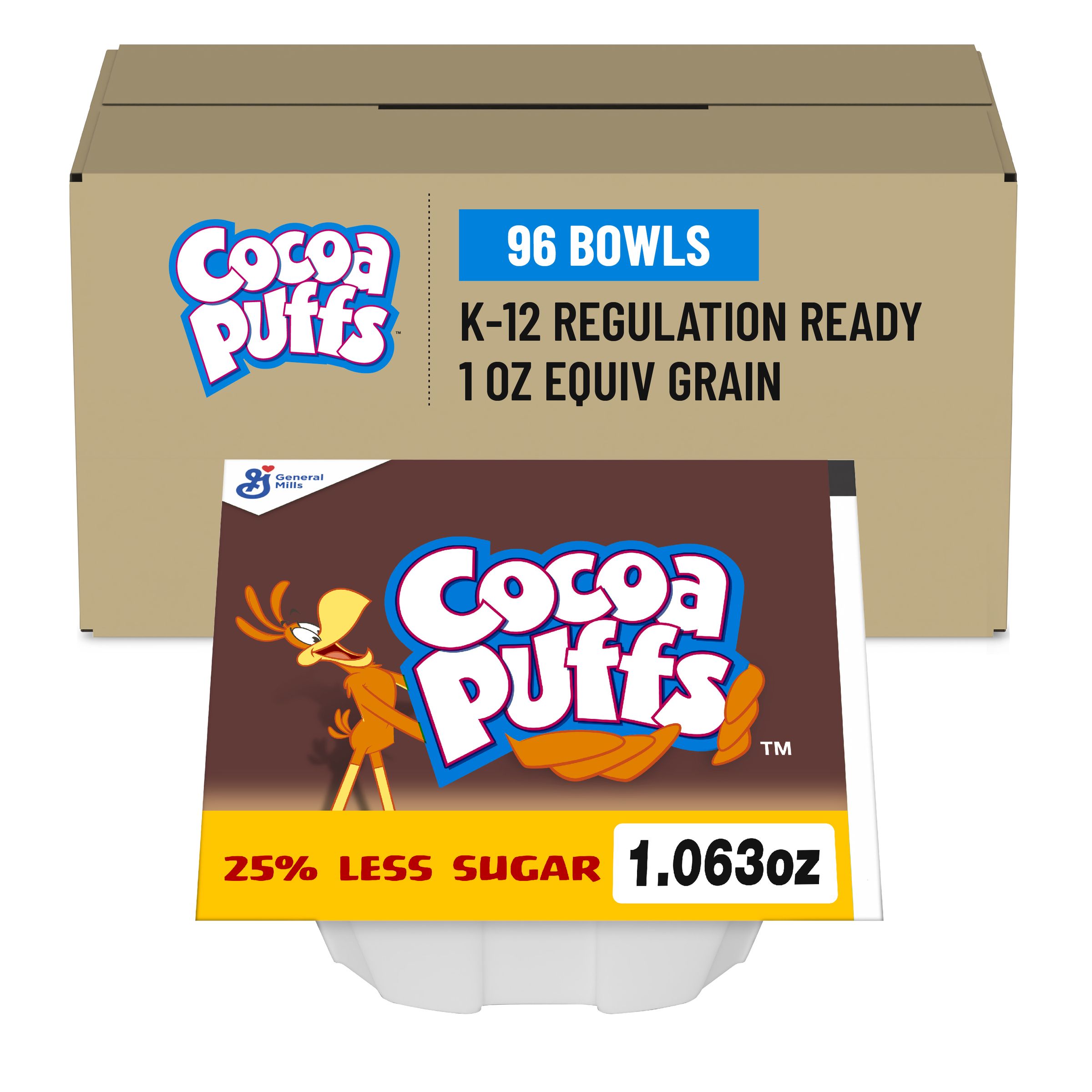  Case Optimized Hero Cocoa Puffs Cereal Single Serve Bowlpak 25% Less Sugar 96/1.063 OZ