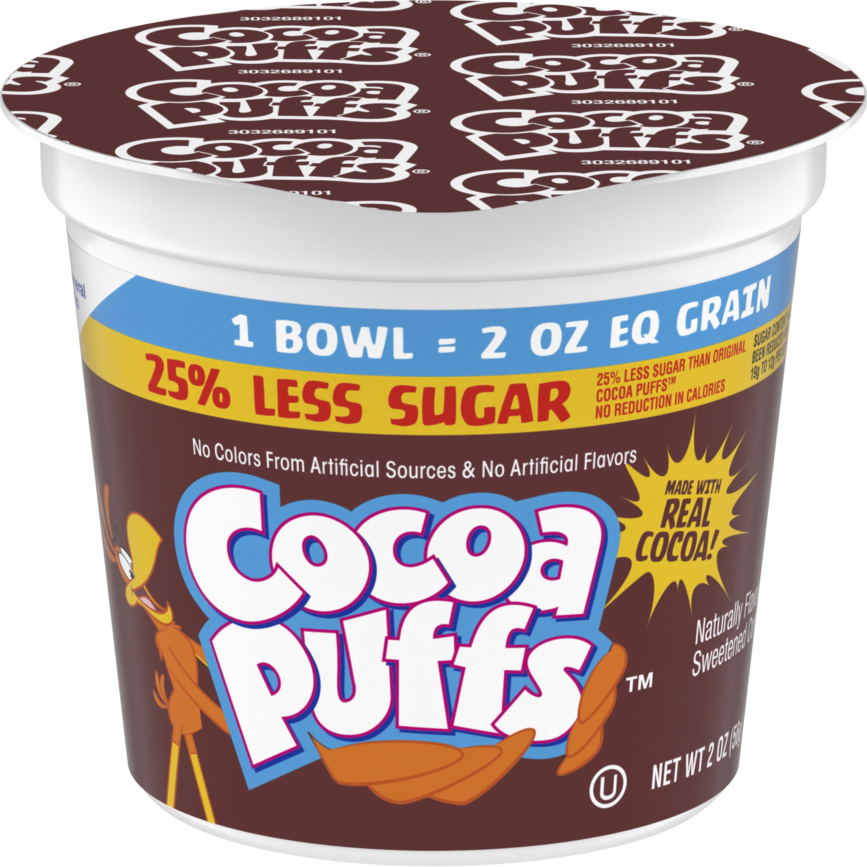 Front - 3D Cocoa Puffs Cereal Single Serve Cup 25% Less Sugar 60/2 OZ