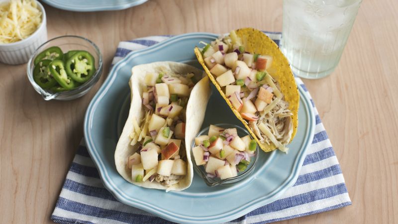 Slow-Cooker Cider-Braised Chicken Tacos with Apple Jalapeño Salsa