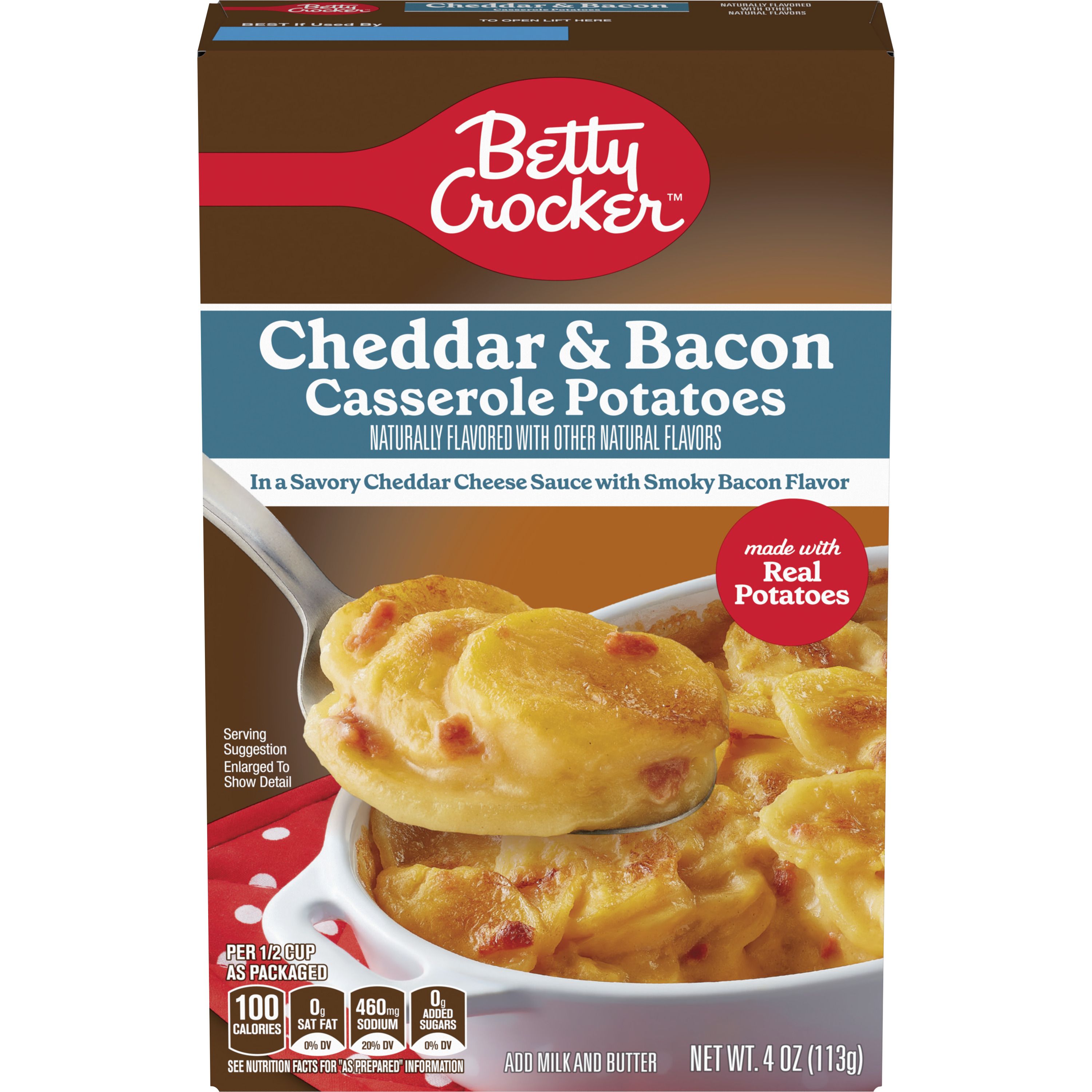 Betty Crocker Cheddar and Bacon Casserole Potatoes, Made with Real Cheese, 4 oz Box - Front