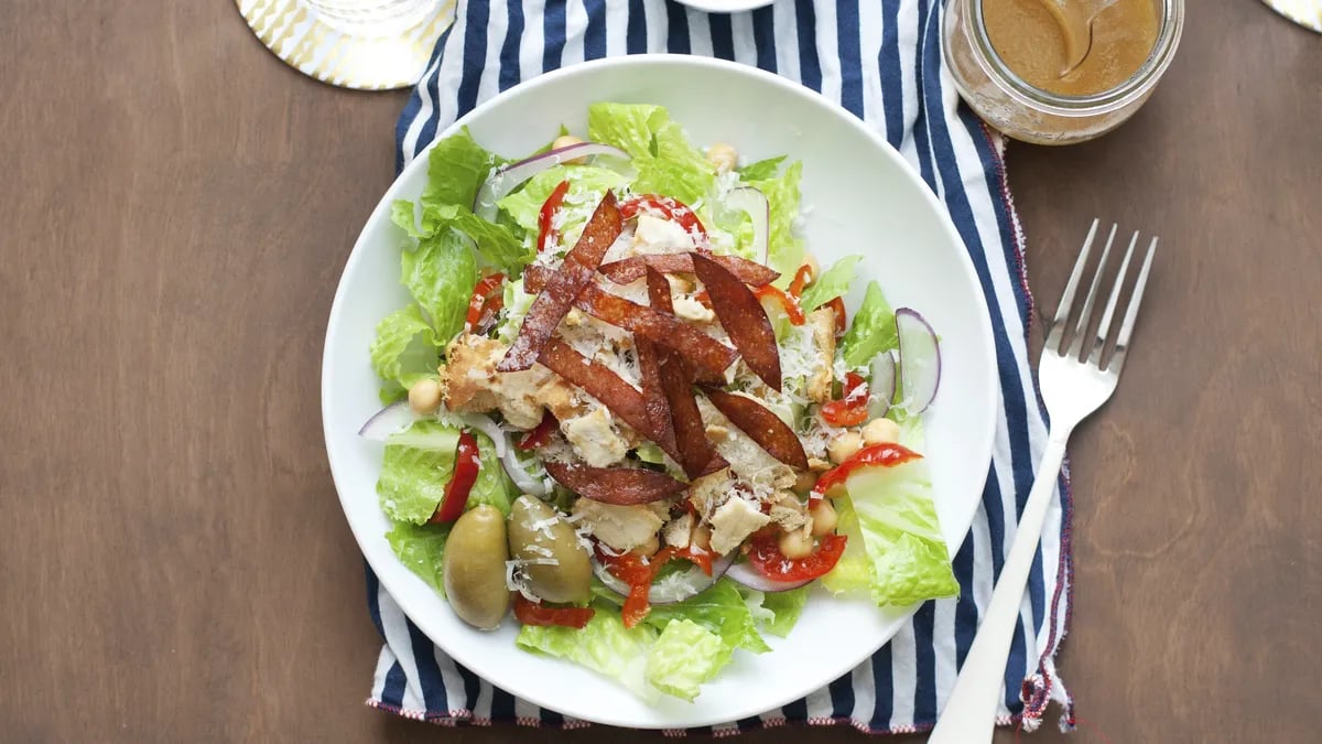 Italian Chopped Salad with Salami Crisps