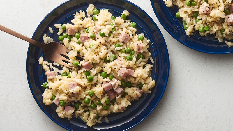 Microwave Risotto with Ham, Peas and Cheese