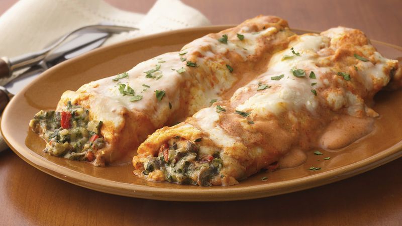 Spinach and Mushroom Enchiladas with Creamy Red Sauce