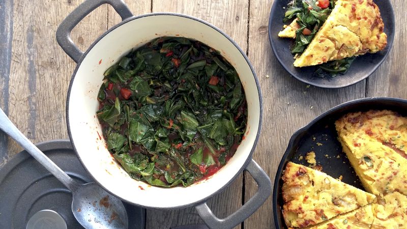 Vegetarian Braised Greens with Tomatoes and Cheesy Cornbread | Muir Glen