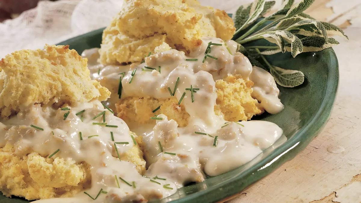 Cornmeal-Sage Biscuits with Sausage Gravy