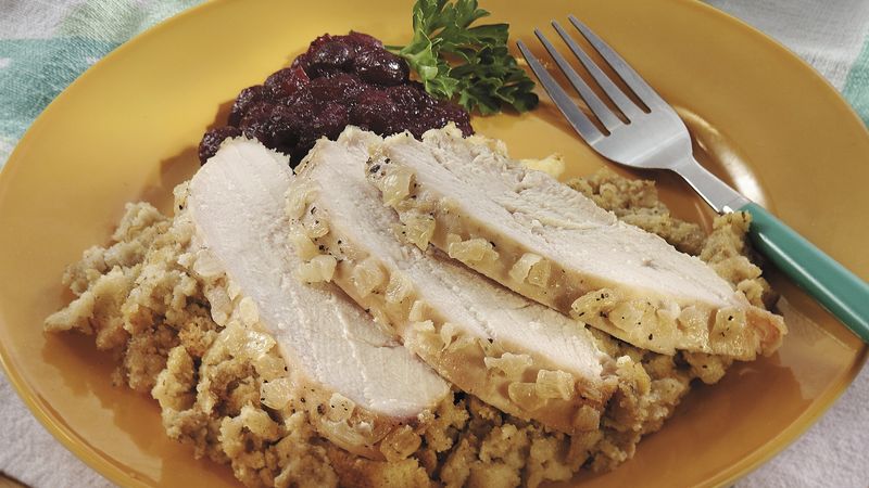 Slow-Cooker Turkey and Stuffing with Onion Glaze