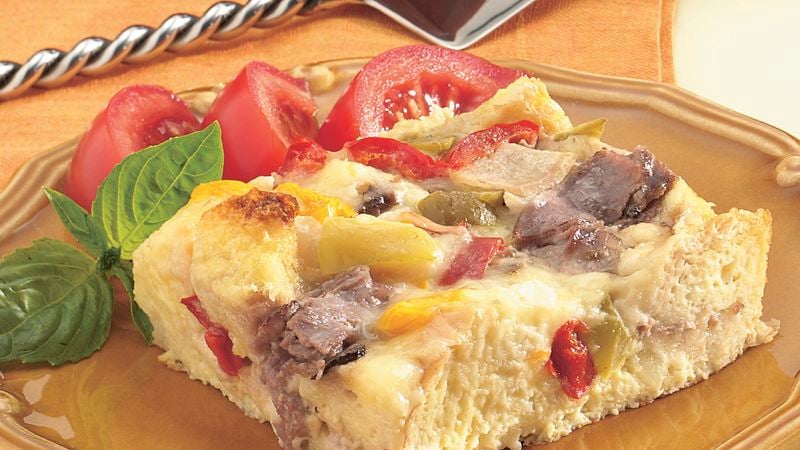 Make-Ahead Philly Beef Strata