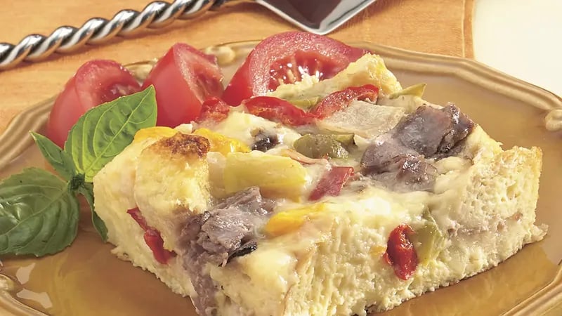 Make-Ahead Philly Beef Strata