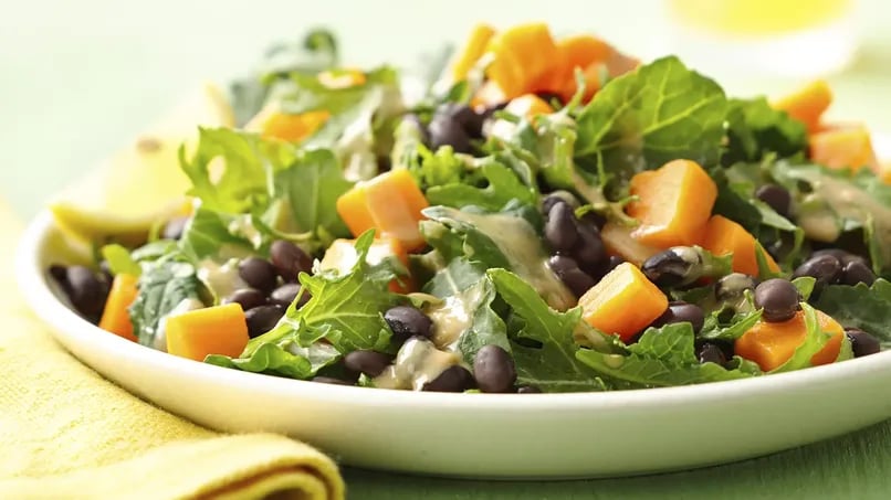 Kale, Black Bean and Sweet Potato Salad with Tahini Dressing