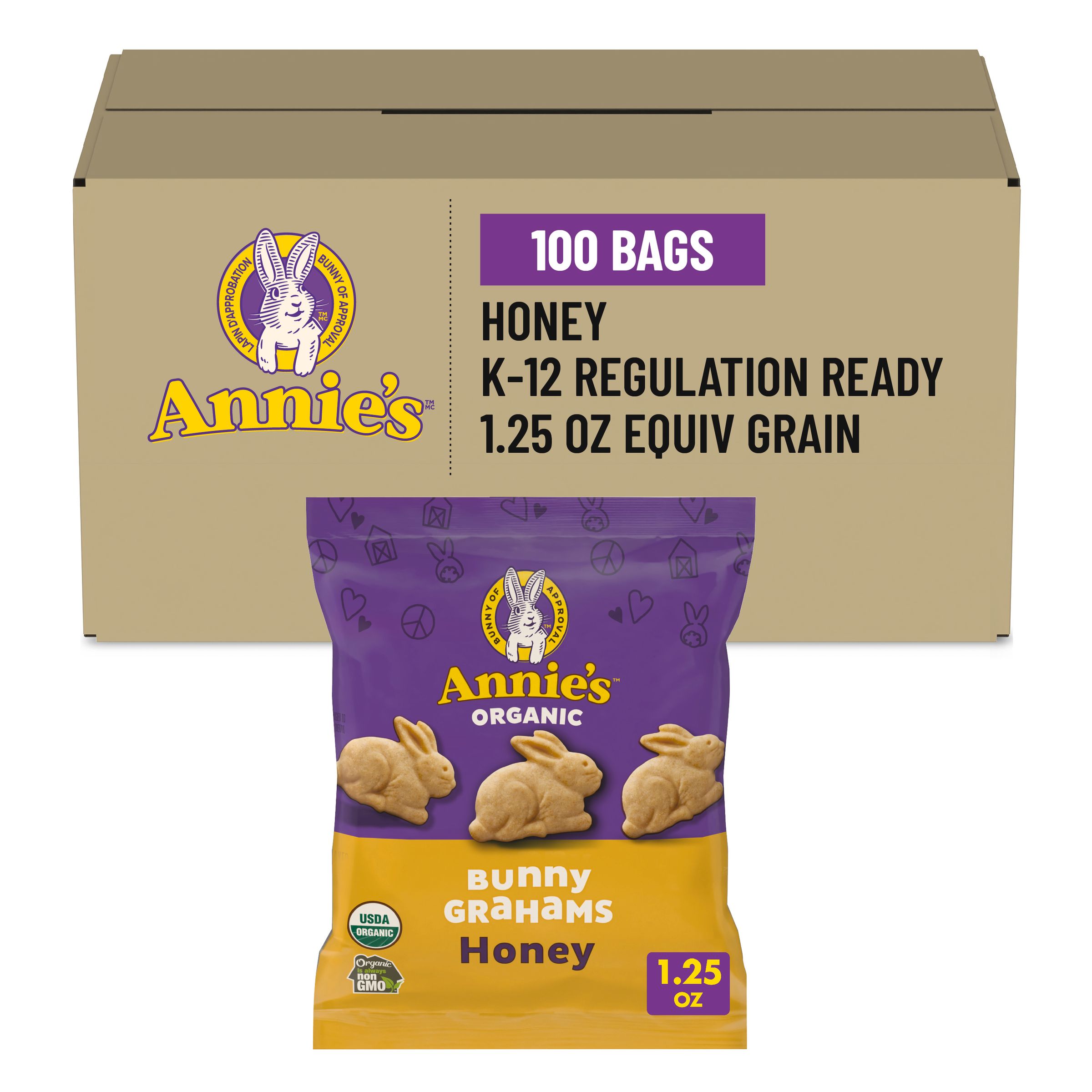  Case Optimized Hero Annies Bunny Grahams Organic Graham Snacks Single Serve Pouch Honey 100/1.25 OZ