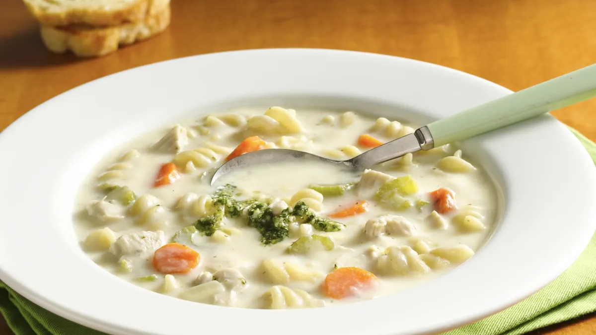 Creamy Chicken Noodle Soup with Pesto Drizzle