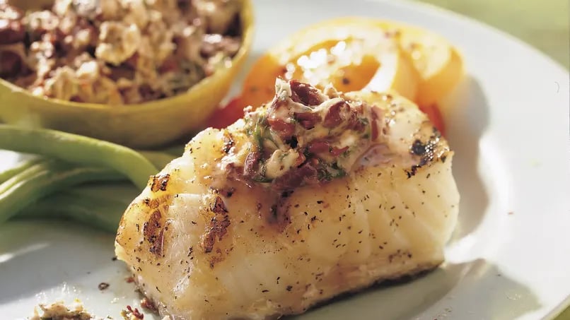 Grilled Sea Bass with Citrus-Olive Butter