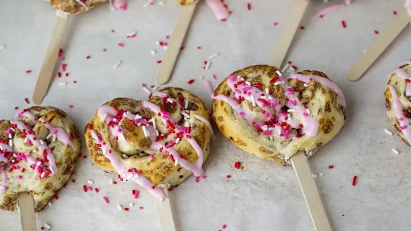 Heart-Shaped Cinnamon Rolls on Sticks