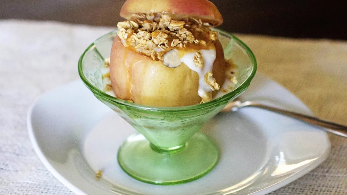 Baked Apples with Apple Crisp Yogurt and Caramel