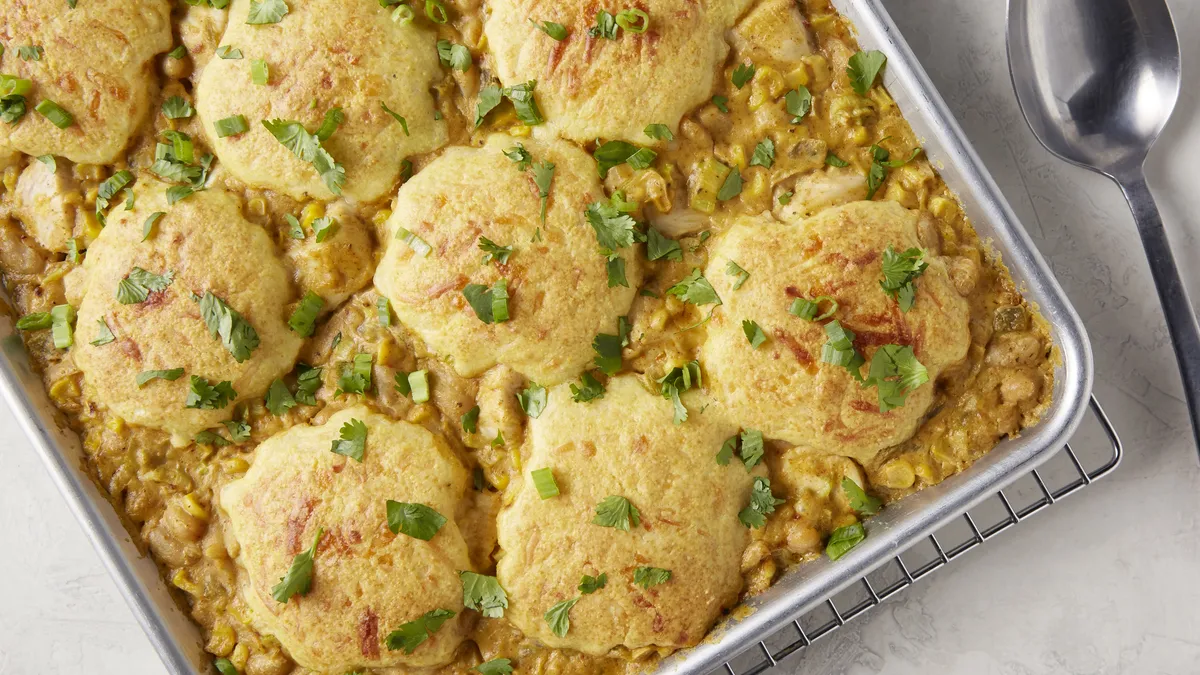 Sheet-Pan White Chicken Chili with Cornbread
