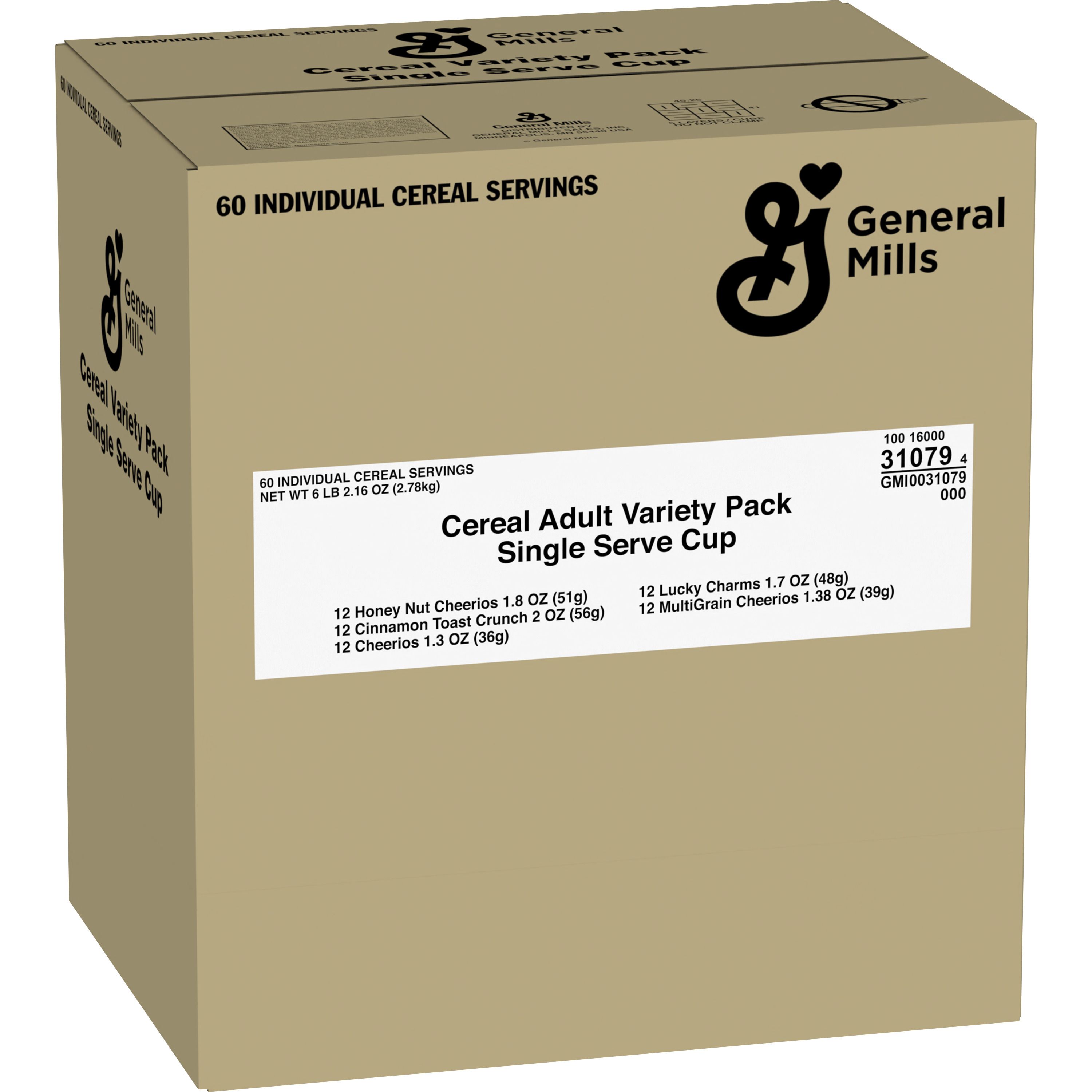 Case - Left Front 3D General Mills Cereal Single Serve Cup Adult Variety Pack (60 ct) 1.636 oz  