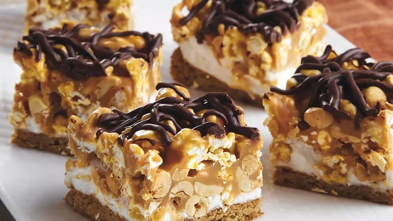 Caramel Peanut Popcorn Squares