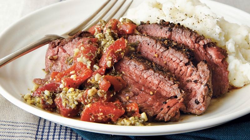 Pepper Steak with Roasted Red Pepper Pesto