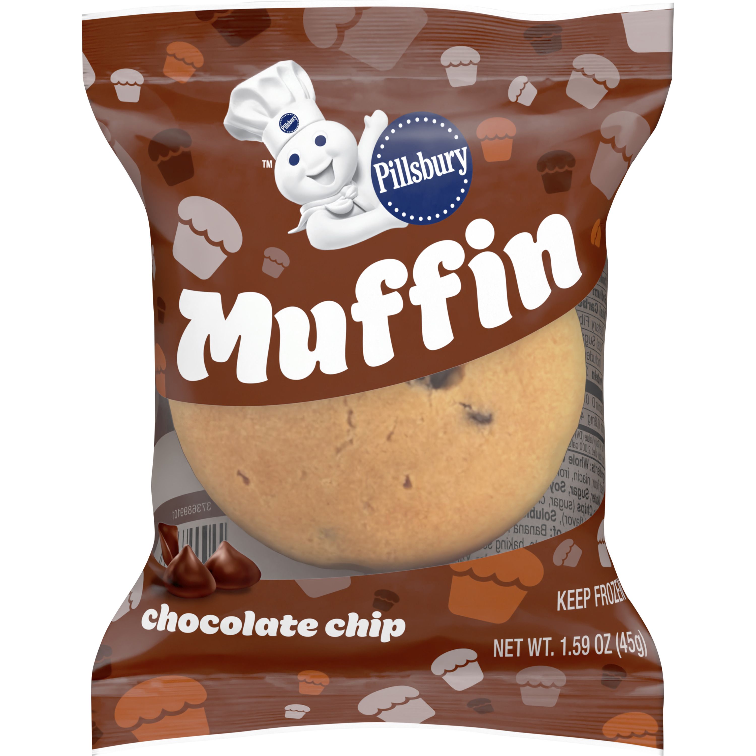 Front - 3D Pillsbury Frozen Meals Baked Muffin Single Serve Pouch Chocolate Chip 80/1.59 OZ