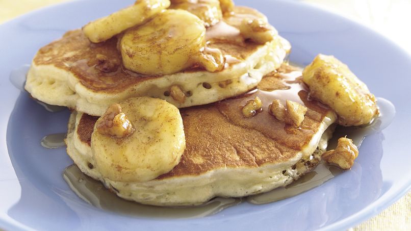 Oatmeal Pancakes with Banana-Walnut Syrup