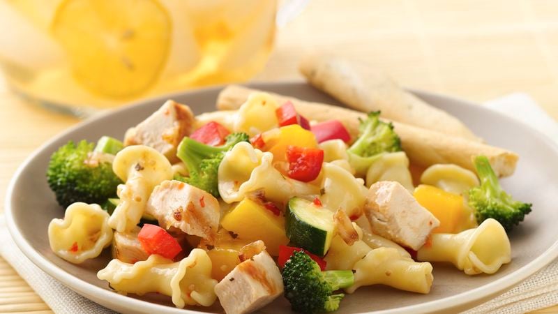 Grilled Chicken Pasta Salad with Caramelized Onion, Broccoli and Mango