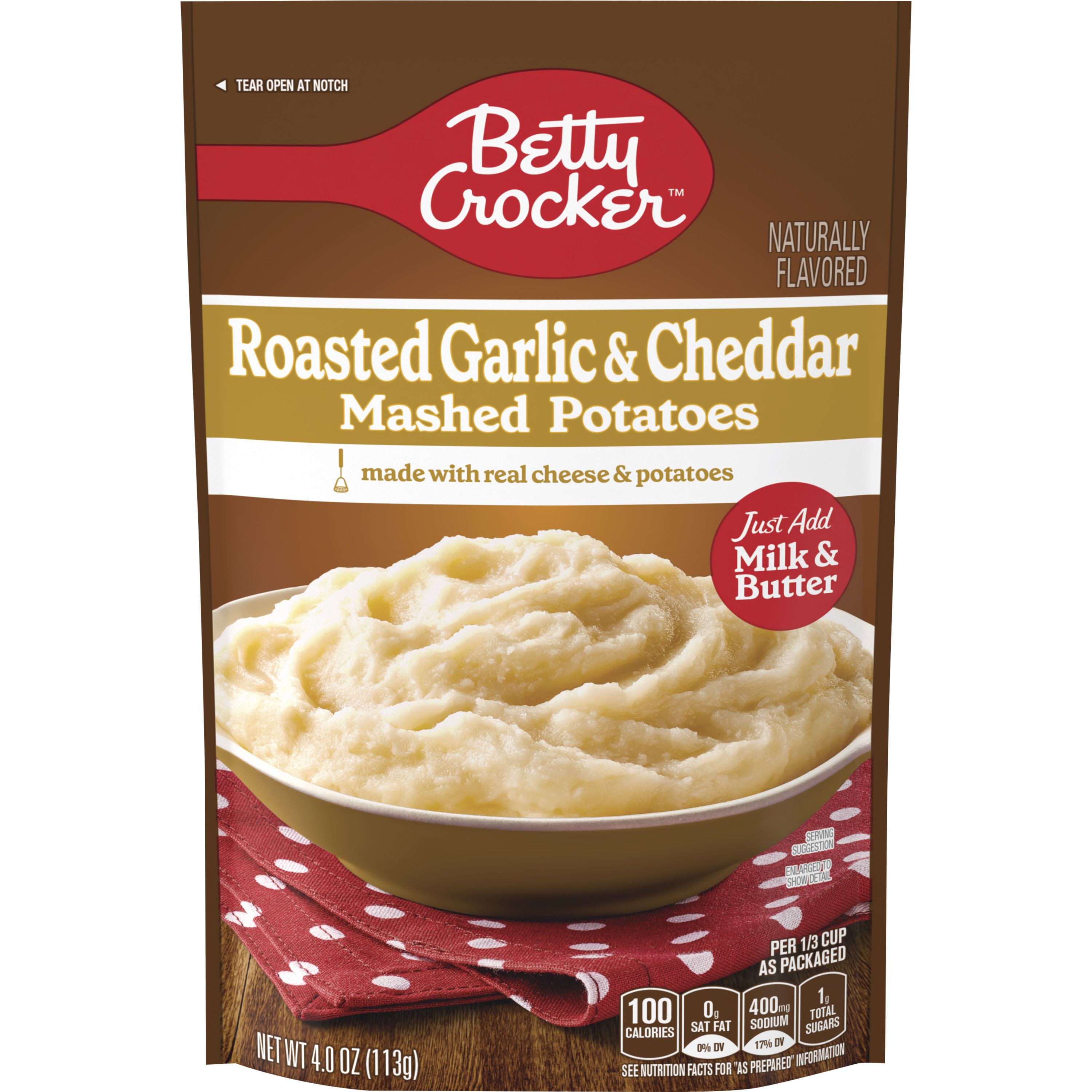 Betty Crocker Roasted Garlic & Cheddar Mashed Potatoes, 4 oz. - Front