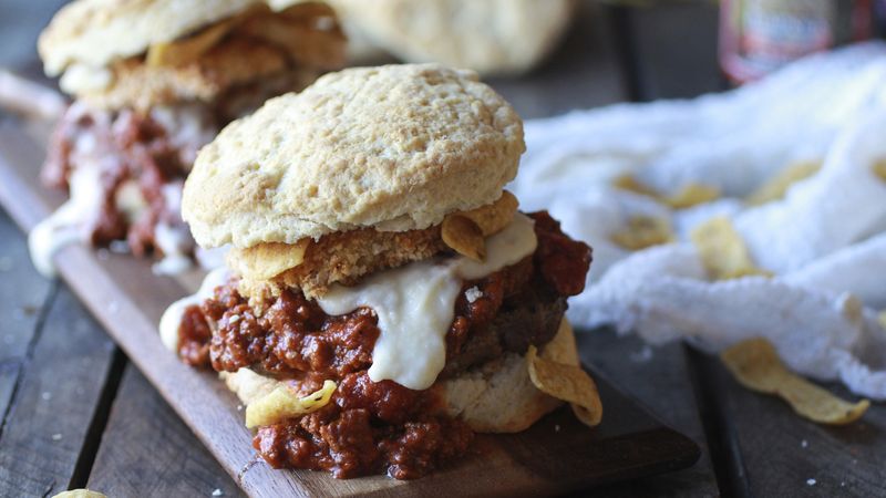 The Ultimate Chili Cheese Sauce Biscuit Burger