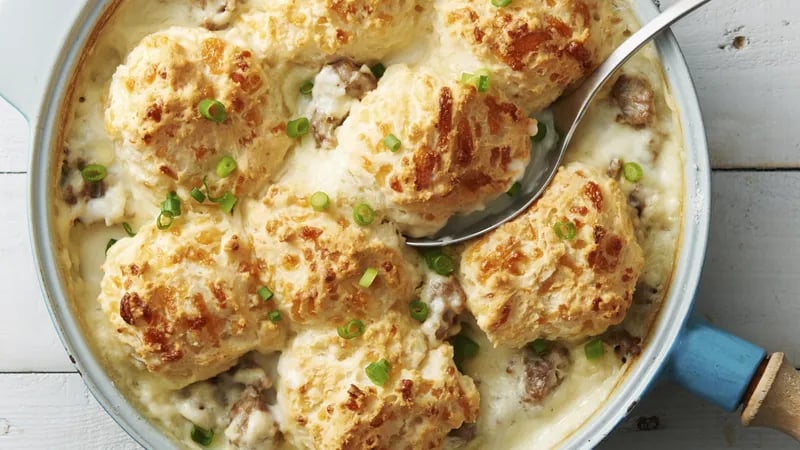 Skillet Cheddar Biscuits and Sausage Gravy