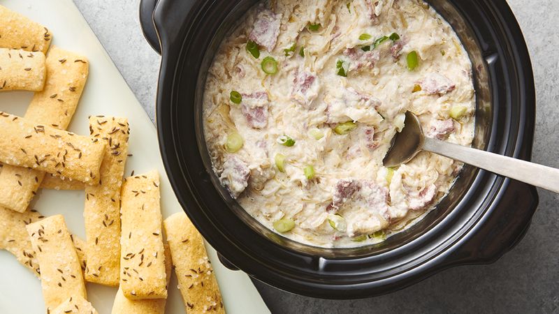 Slow-Cooker Corned Beef Gruyère Dip with Caraway Flatbreads
